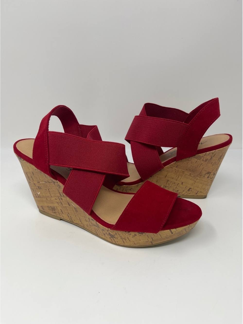 American Eagle Heels Womens Sz 9.5 Wedge Platform Sandals Red Suede Elastic Cork